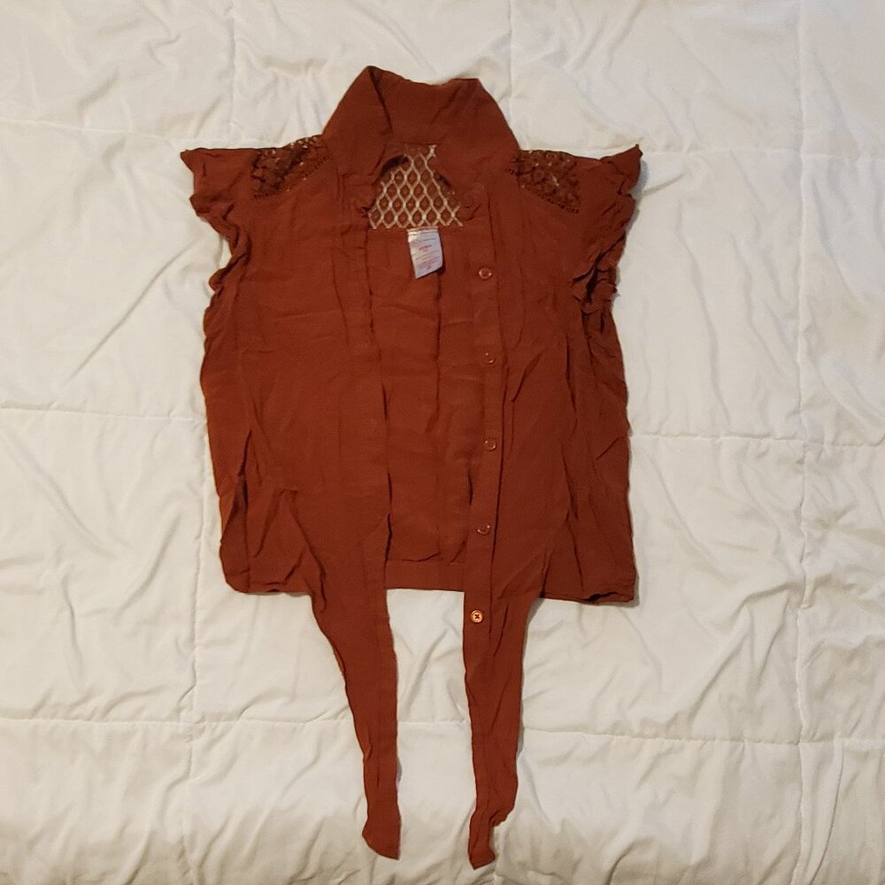 No Boundaries Front-Tie Blouse Dark Mustard Yellow, Tan - XS